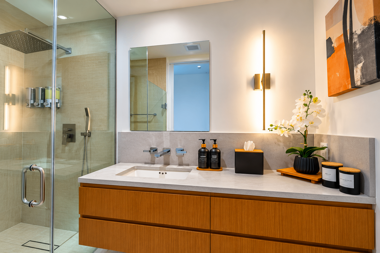 Modern bathroom with a floating wood vanity and glass shower