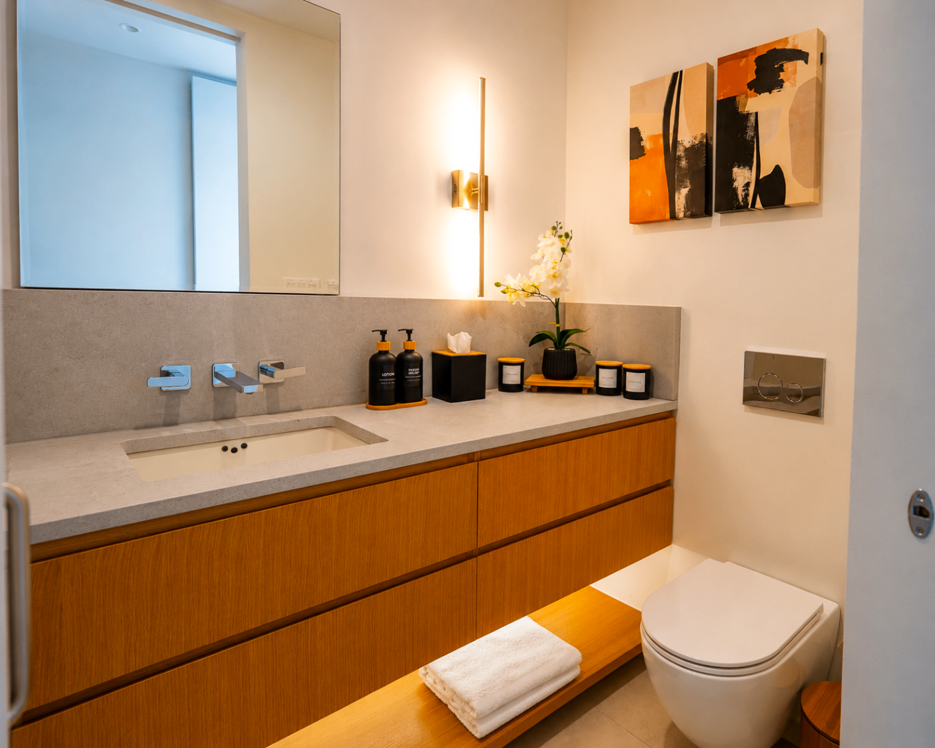 Bathroom vanity with warm wood cabinetry, modern fixtures, and soft lighting